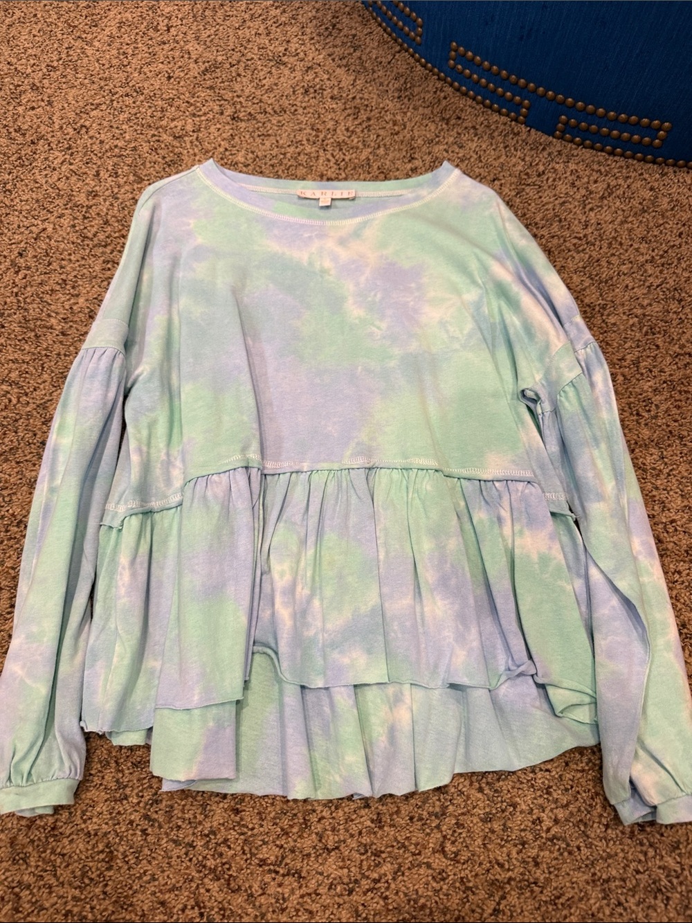 Karlie Pastel Blue Green Tie-Dye Ruffle Tunic